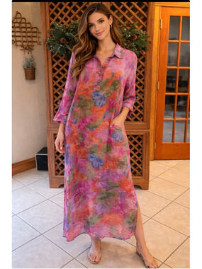 Vintage URU One Size Wearable Art Hand Dyed floral Artsy Maxi Dress